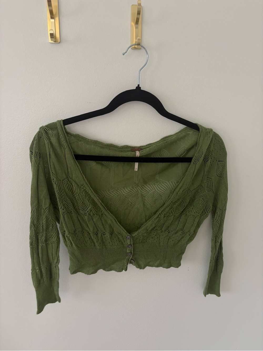 Free People Olive Green Cropped Knit Button Cardigan